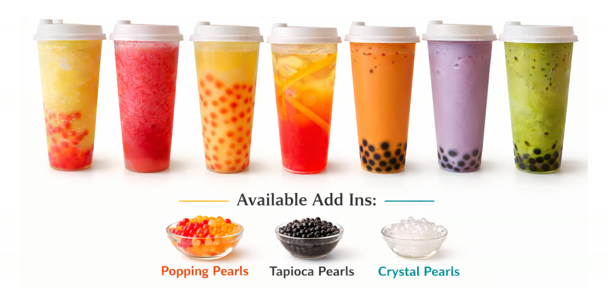 Kona Poké boba bubble teas and fruit teas lined up with chewy tapioca pearls