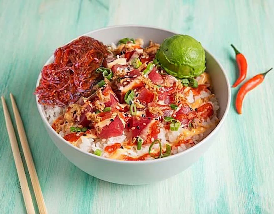 Kona Fire poké bowl with ahi tuna, avocado and spicy seaweed salad