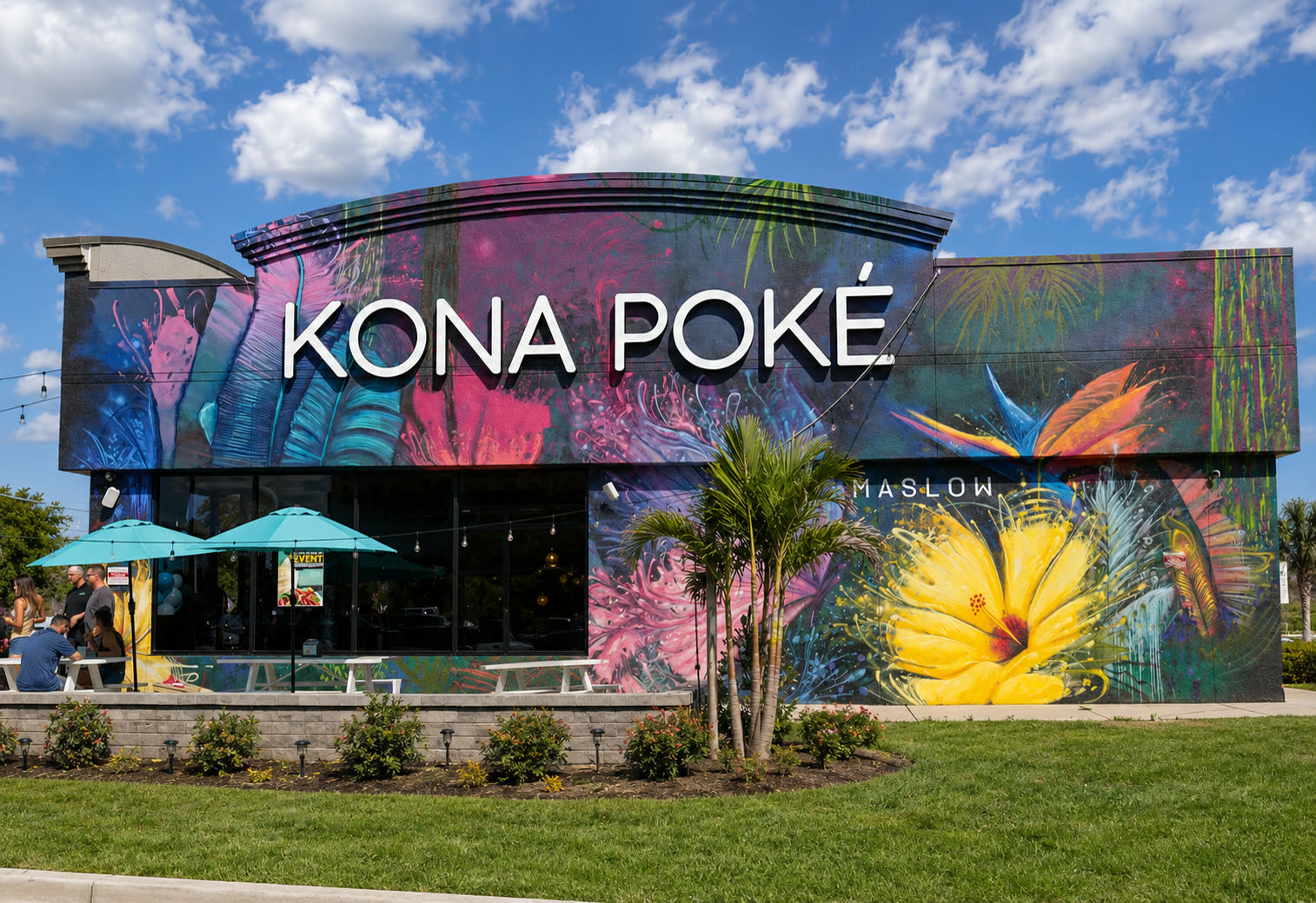 Kona Poké restaurant exterior with its signature tropical mural